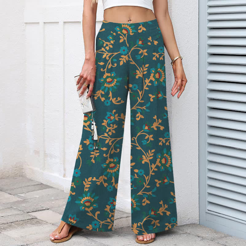 Nimara Ritual Cotton Linen Turquoise Vine Floral Pattern Women's Elastic Waist Wide Leg Pants With Pockets