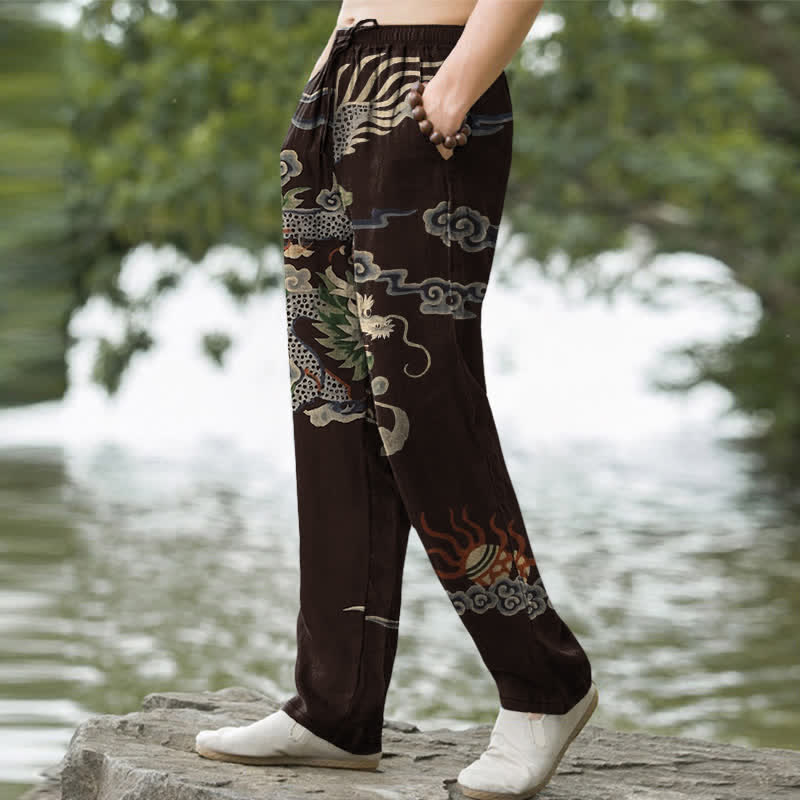 Nimara Ritual Cotton Dragon Cloud Pattern Men's Tapered Pants With Pockets