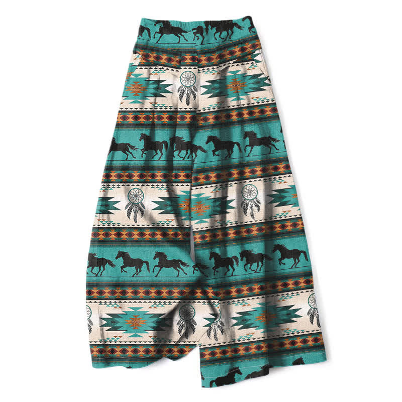 Nimara Ritual Cotton Linen Horse Dreamcatcher Pattern Women's Elastic Waist Wide Leg Pants With Pockets