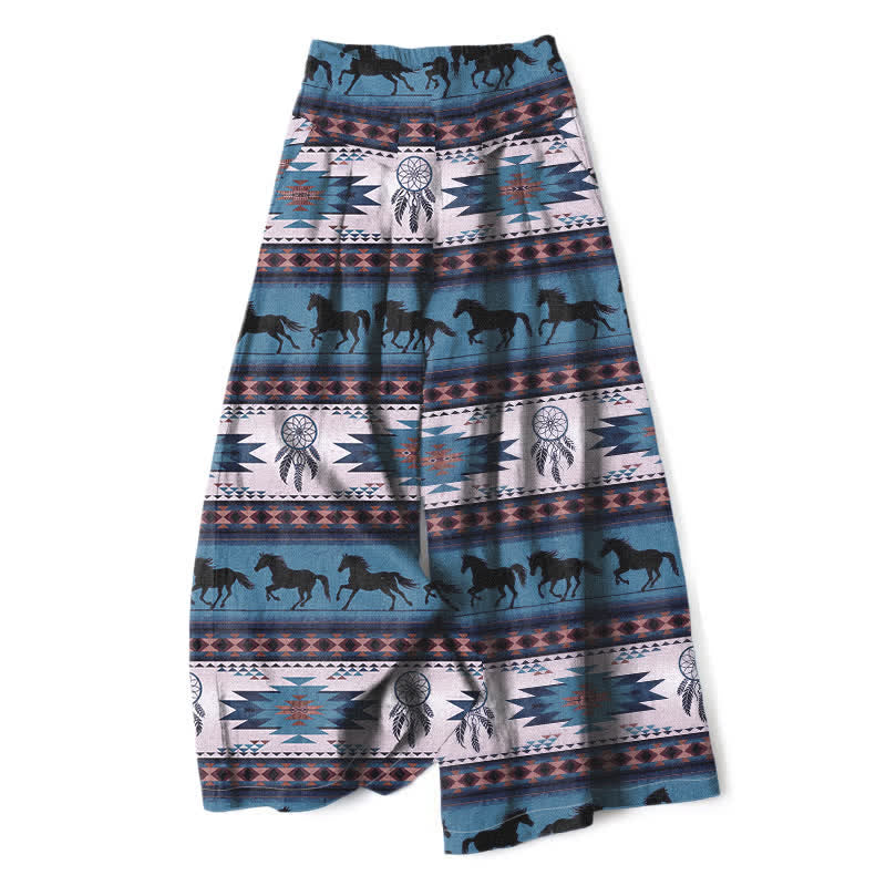 Nimara Ritual Cotton Linen Horse Dreamcatcher Pattern Women's Elastic Waist Wide Leg Pants With Pockets