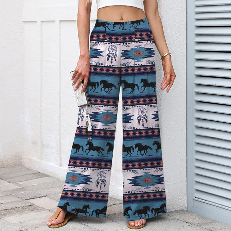 Nimara Ritual Cotton Linen Horse Dreamcatcher Pattern Women's Elastic Waist Wide Leg Pants With Pockets