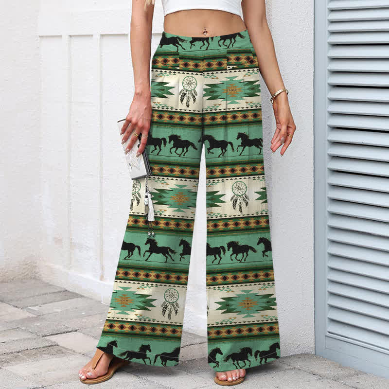 Nimara Ritual Cotton Linen Horse Dreamcatcher Pattern Women's Elastic Waist Wide Leg Pants With Pockets