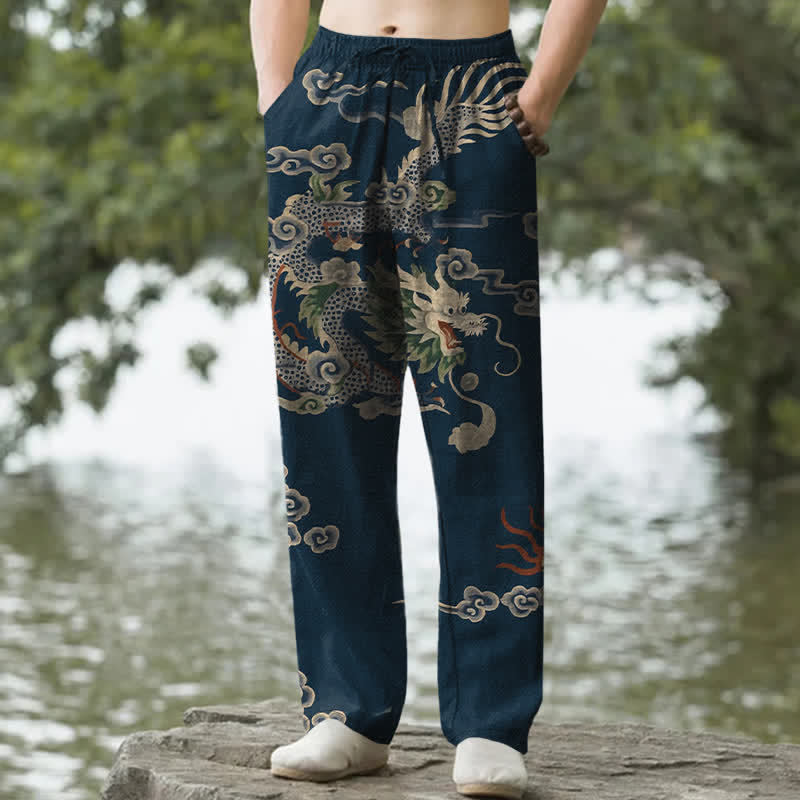 Nimara Ritual Cotton Dragon Cloud Pattern Men's Tapered Pants With Pockets