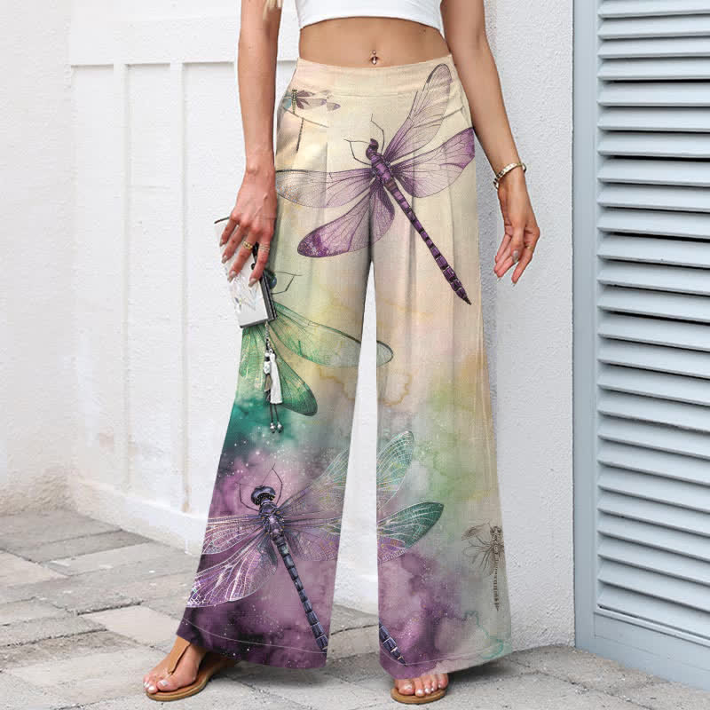 Nimara Ritual Cotton Linen Watercolor Dragonfly Pattern Women's Elastic Waist Wide Leg Pants With Pockets