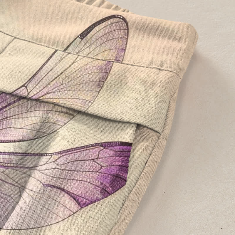 Nimara Ritual Cotton Linen Watercolor Dragonfly Pattern Women's Elastic Waist Wide Leg Pants With Pockets