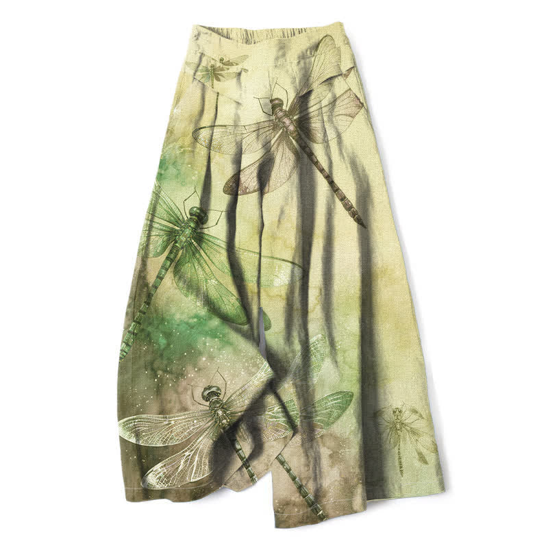 Nimara Ritual Cotton Linen Watercolor Dragonfly Pattern Women's Elastic Waist Wide Leg Pants With Pockets
