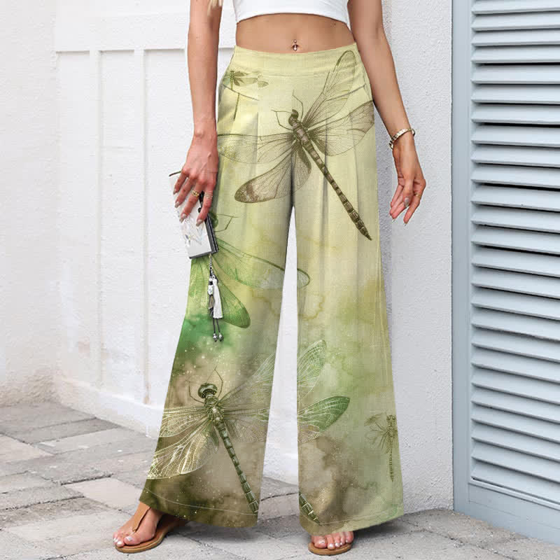 Nimara Ritual Cotton Linen Watercolor Dragonfly Pattern Women's Elastic Waist Wide Leg Pants With Pockets