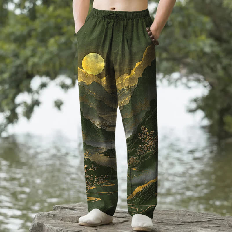 Nimara Ritual Cotton Golden Mountain At Sunrise Pattern Men's Tapered Pants With Pockets