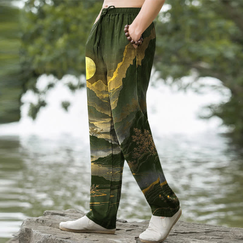 Nimara Ritual Cotton Golden Mountain At Sunrise Pattern Men's Tapered Pants With Pockets