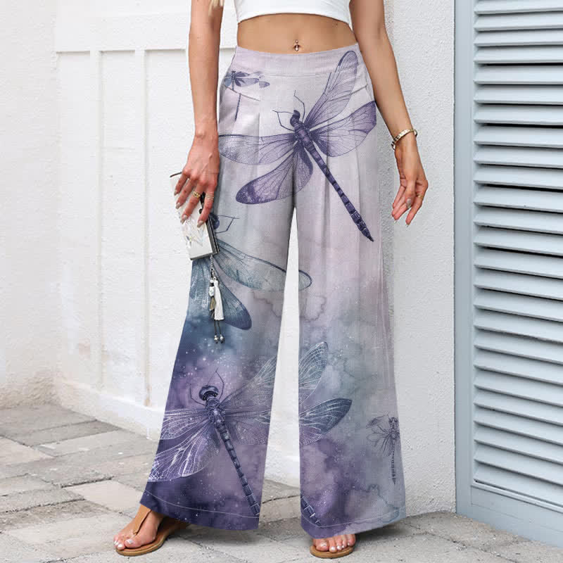 Nimara Ritual Cotton Linen Watercolor Dragonfly Pattern Women's Elastic Waist Wide Leg Pants With Pockets