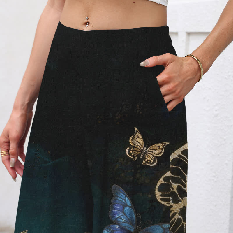 Nimara Ritual Cotton Linen Butterfly Pattern Women's Elastic Waist Wide Leg Pants With Pockets