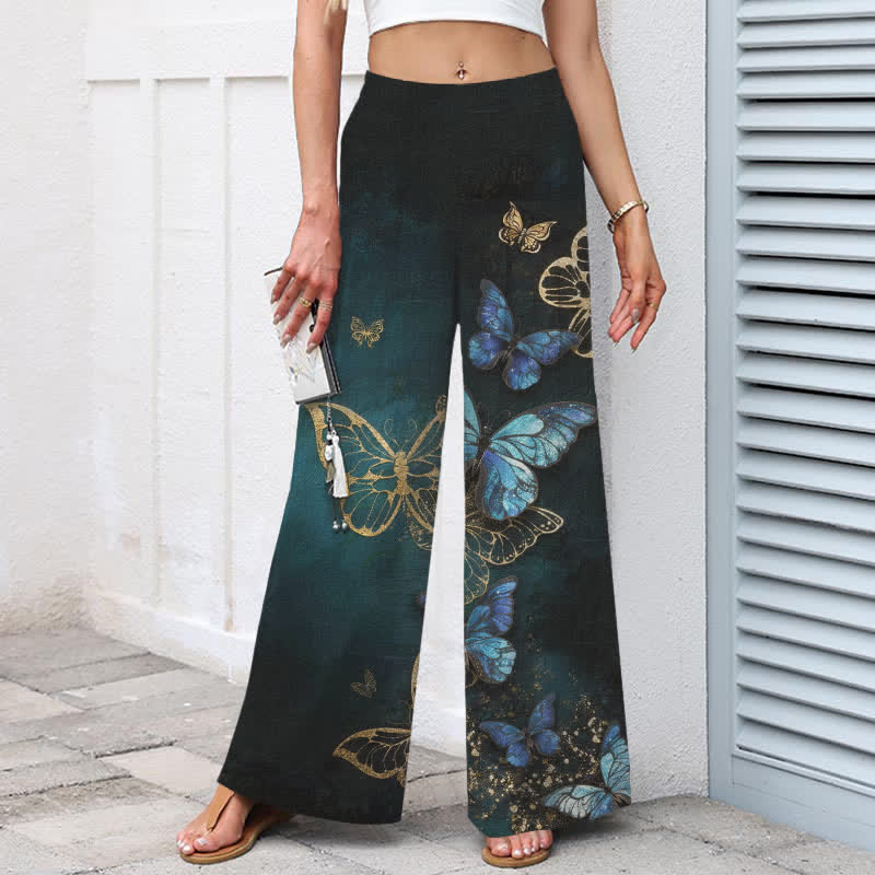 Nimara Ritual Cotton Linen Butterfly Pattern Women's Elastic Waist Wide Leg Pants With Pockets