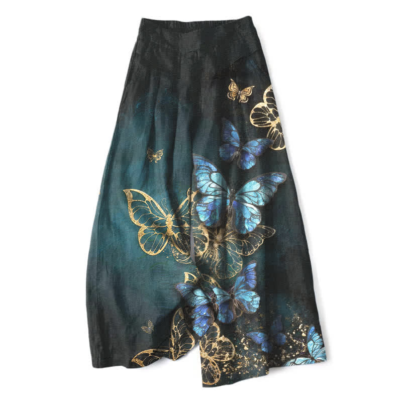 Nimara Ritual Cotton Linen Butterfly Pattern Women's Elastic Waist Wide Leg Pants With Pockets