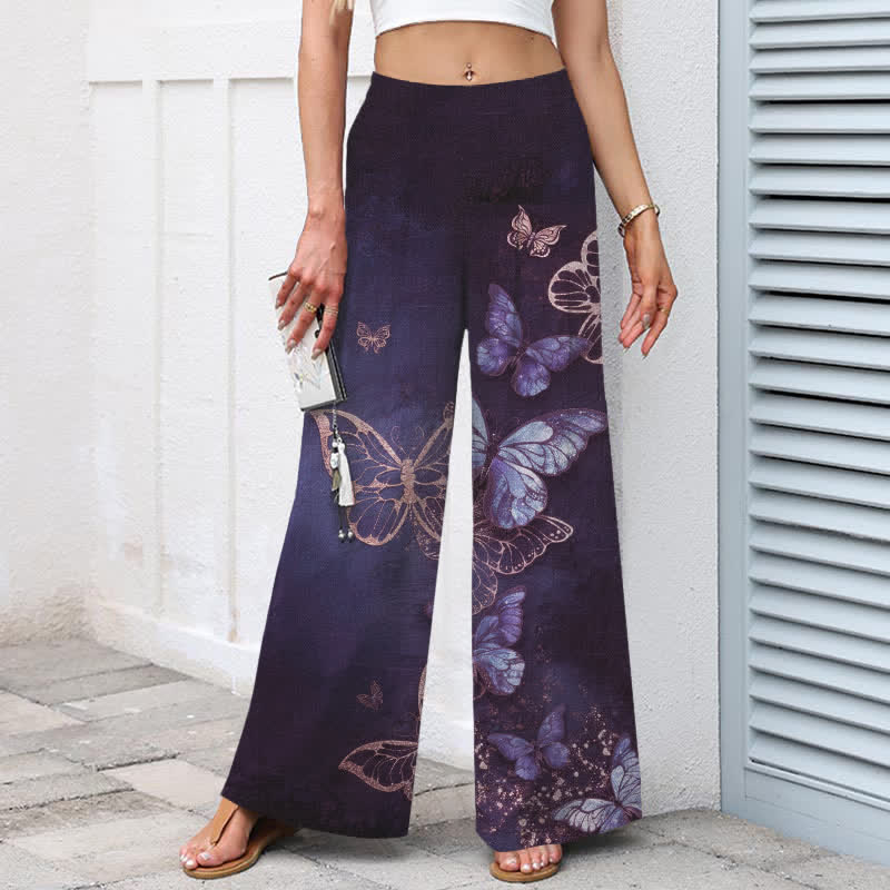 Nimara Ritual Cotton Linen Butterfly Pattern Women's Elastic Waist Wide Leg Pants With Pockets