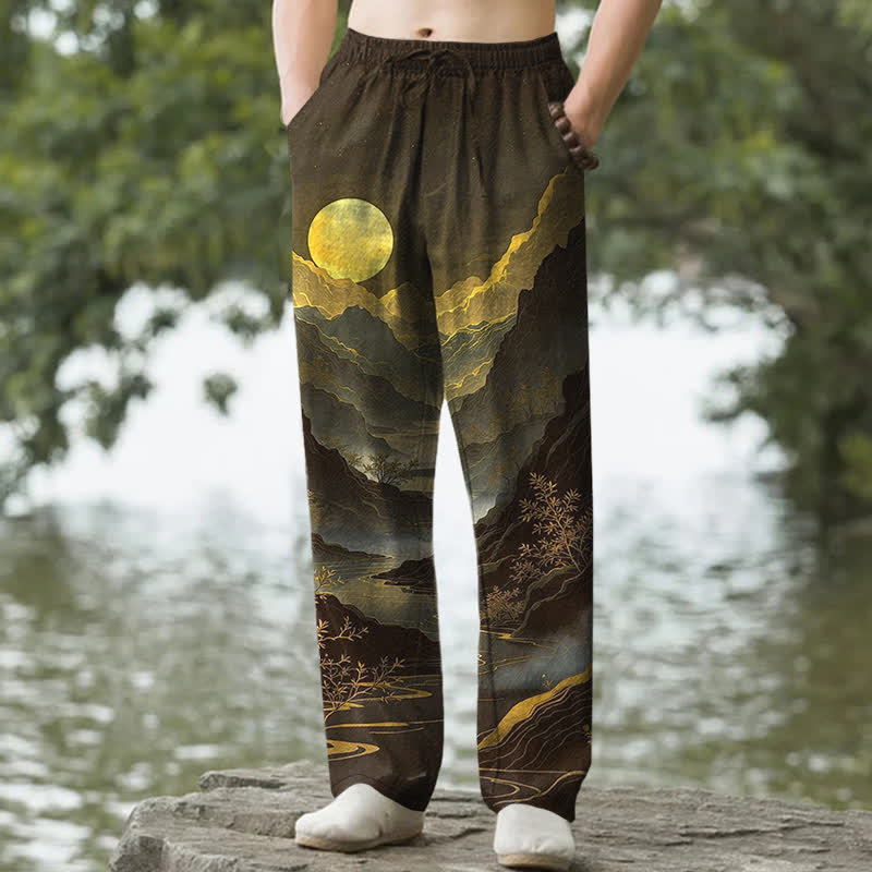 Nimara Ritual Cotton Golden Mountain At Sunrise Pattern Men's Tapered Pants With Pockets
