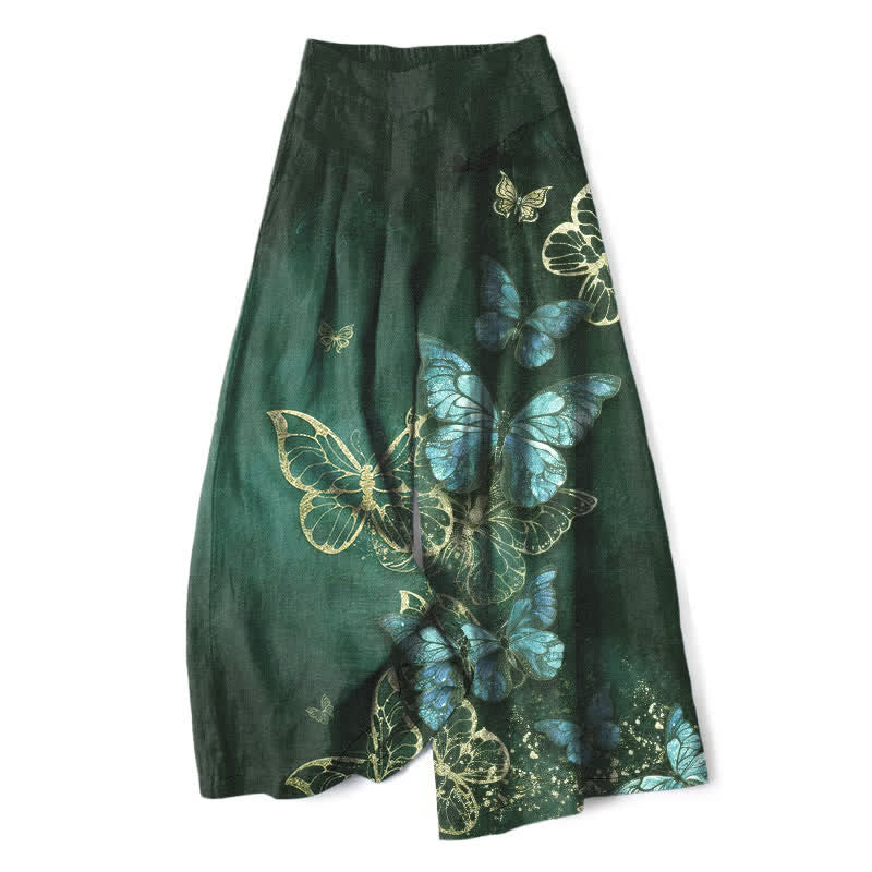 Nimara Ritual Cotton Linen Butterfly Pattern Women's Elastic Waist Wide Leg Pants With Pockets