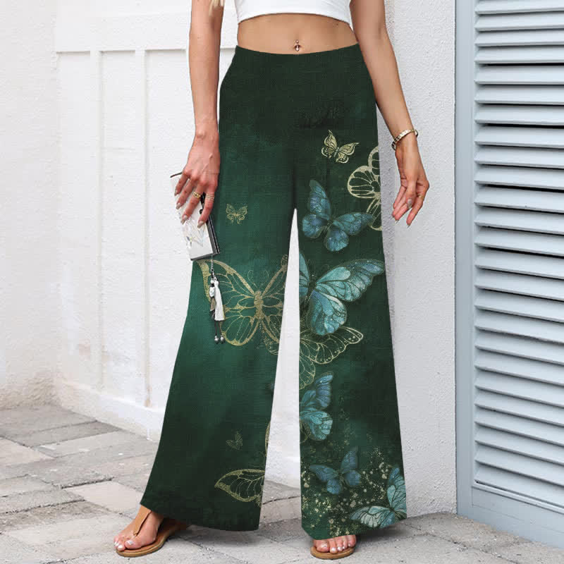Nimara Ritual Cotton Linen Butterfly Pattern Women's Elastic Waist Wide Leg Pants With Pockets