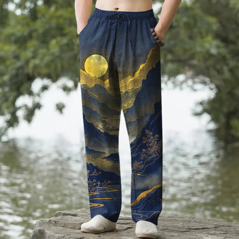 Nimara Ritual Cotton Golden Mountain At Sunrise Pattern Men's Tapered Pants With Pockets