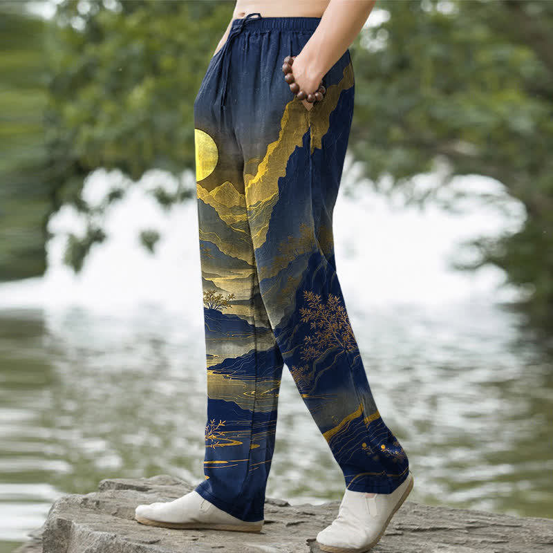 Nimara Ritual Cotton Golden Mountain At Sunrise Pattern Men's Tapered Pants With Pockets