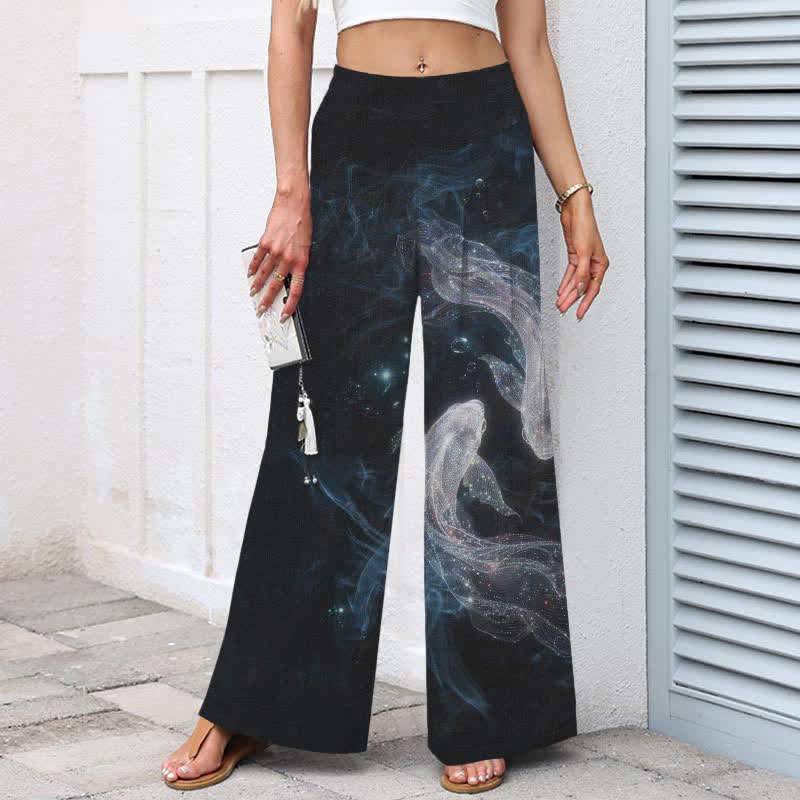 Nimara Ritual Cotton Linen Mystic Fish Pattern Women's Elastic Waist Wide Leg Pants With Pockets