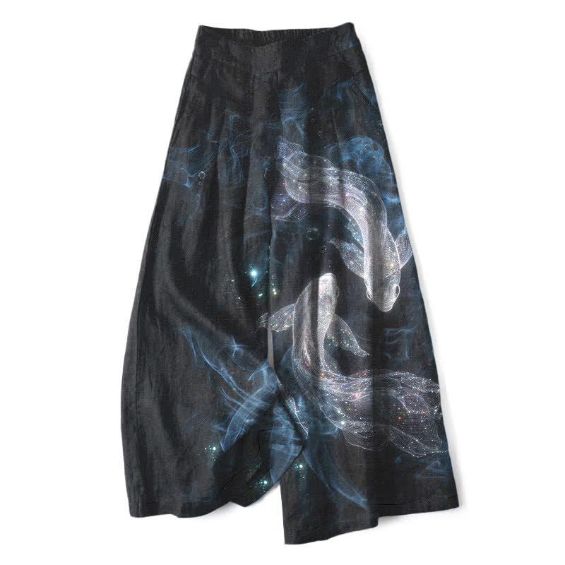 Nimara Ritual Cotton Linen Mystic Fish Pattern Women's Elastic Waist Wide Leg Pants With Pockets