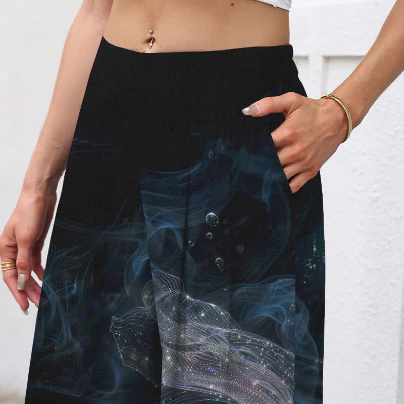Nimara Ritual Cotton Linen Mystic Fish Pattern Women's Elastic Waist Wide Leg Pants With Pockets