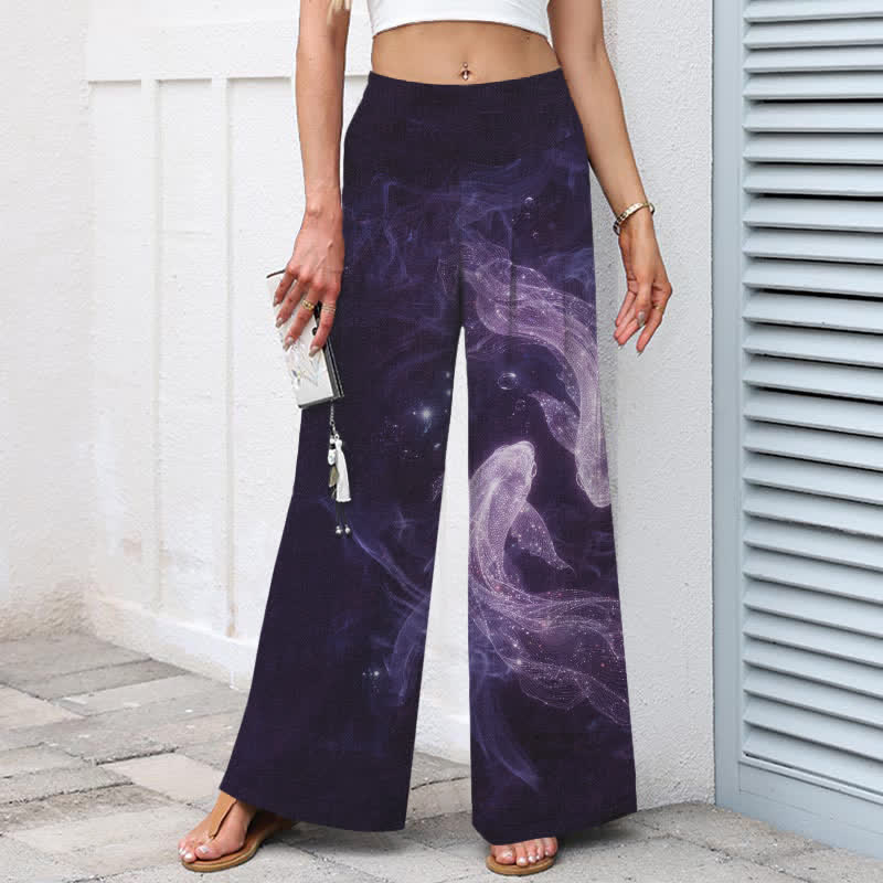 Nimara Ritual Cotton Linen Mystic Fish Pattern Women's Elastic Waist Wide Leg Pants With Pockets