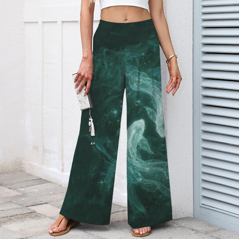 Nimara Ritual Cotton Linen Mystic Fish Pattern Women's Elastic Waist Wide Leg Pants With Pockets