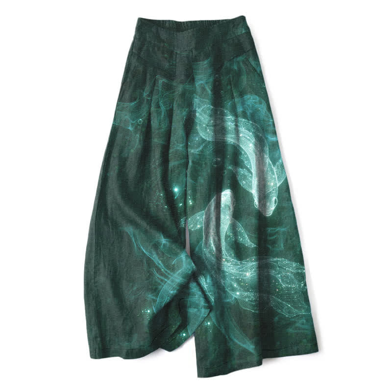 Nimara Ritual Cotton Linen Mystic Fish Pattern Women's Elastic Waist Wide Leg Pants With Pockets