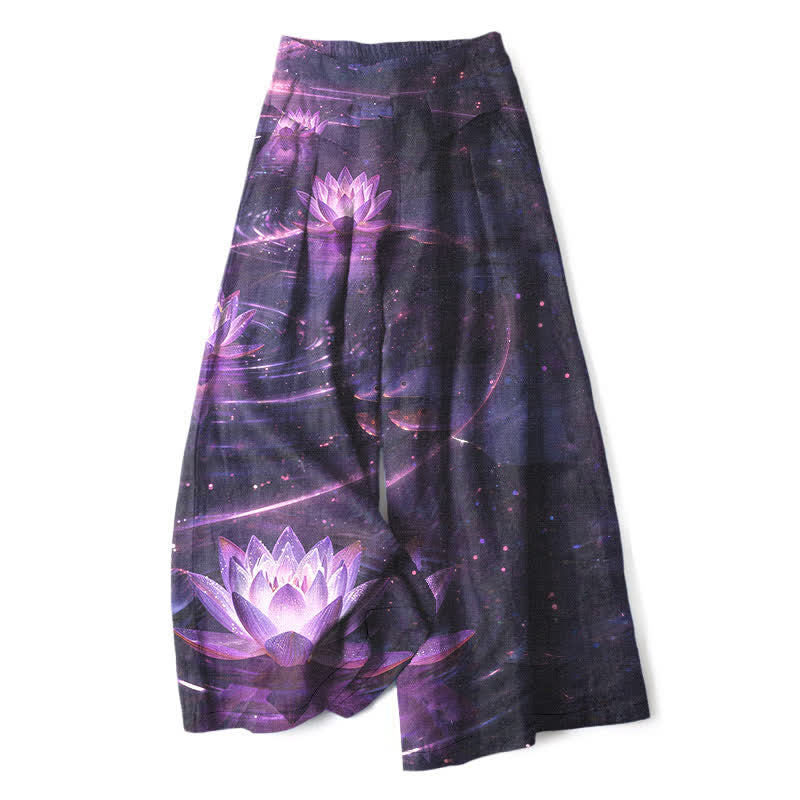 Nimara Ritual Cotton Linen Lotus Galaxy Pattern Women's Elastic Waist Wide Leg Pants With Pockets