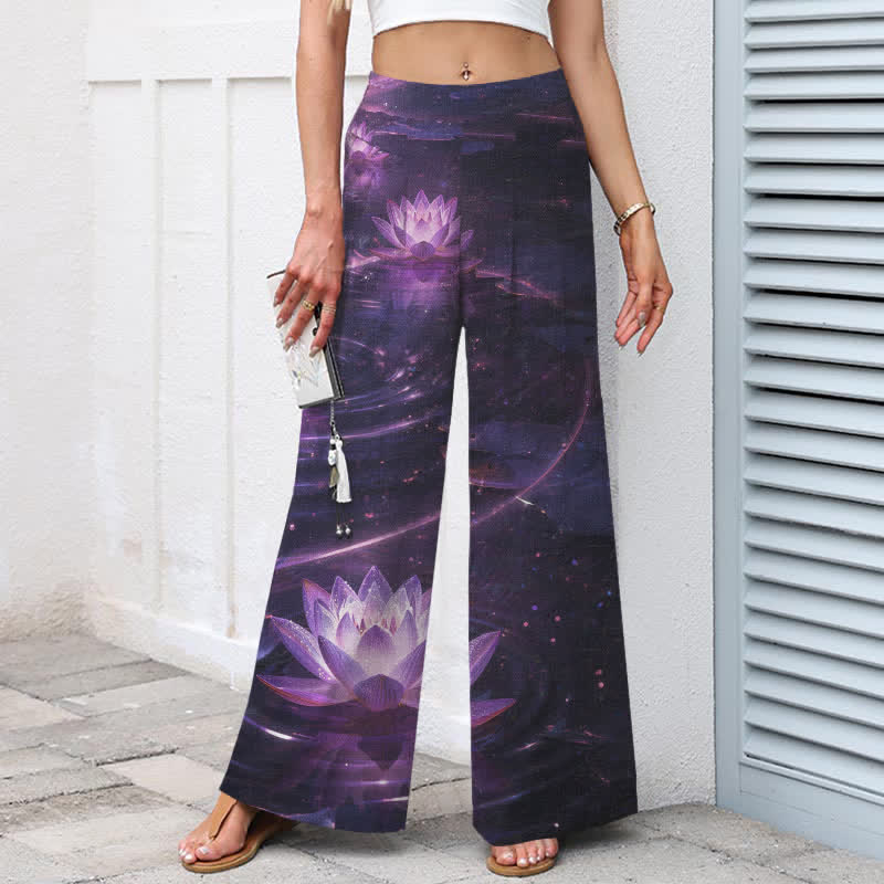 Nimara Ritual Cotton Linen Lotus Galaxy Pattern Women's Elastic Waist Wide Leg Pants With Pockets