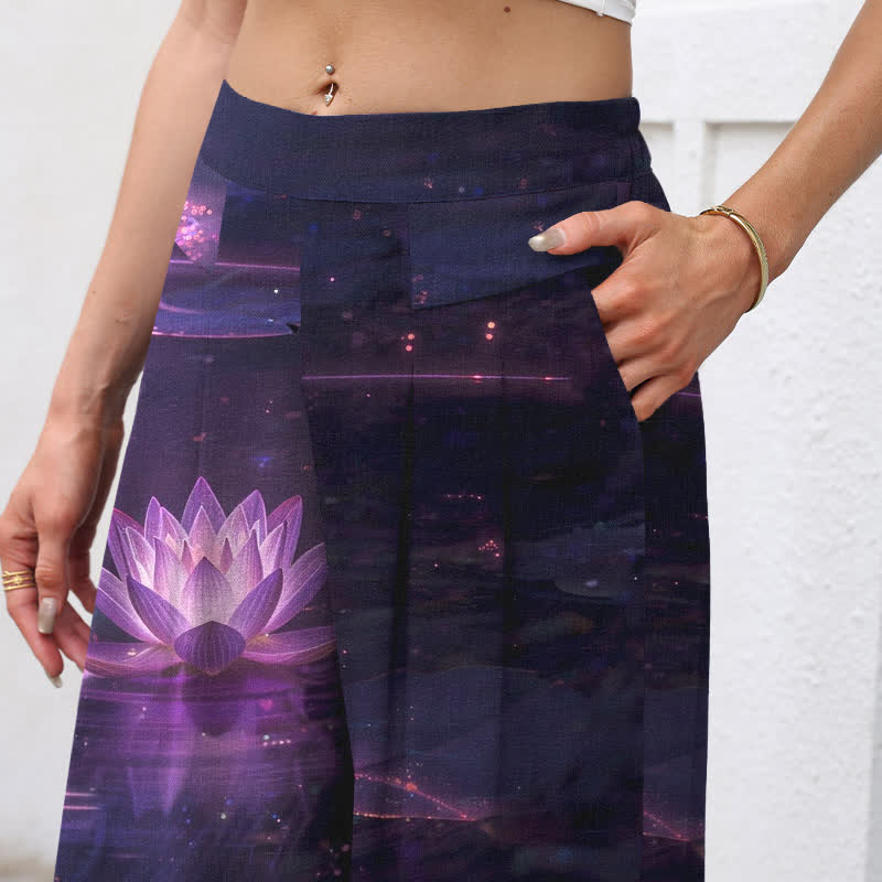 Nimara Ritual Cotton Linen Lotus Galaxy Pattern Women's Elastic Waist Wide Leg Pants With Pockets