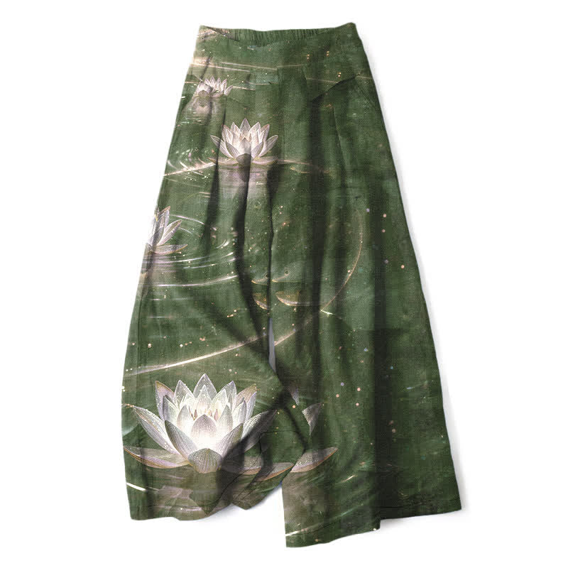 Nimara Ritual Cotton Linen Lotus Galaxy Pattern Women's Elastic Waist Wide Leg Pants With Pockets