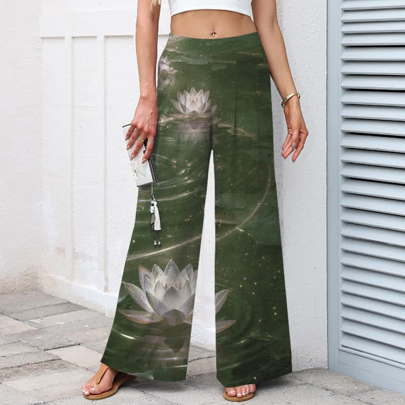 Nimara Ritual Cotton Linen Lotus Galaxy Pattern Women's Elastic Waist Wide Leg Pants With Pockets