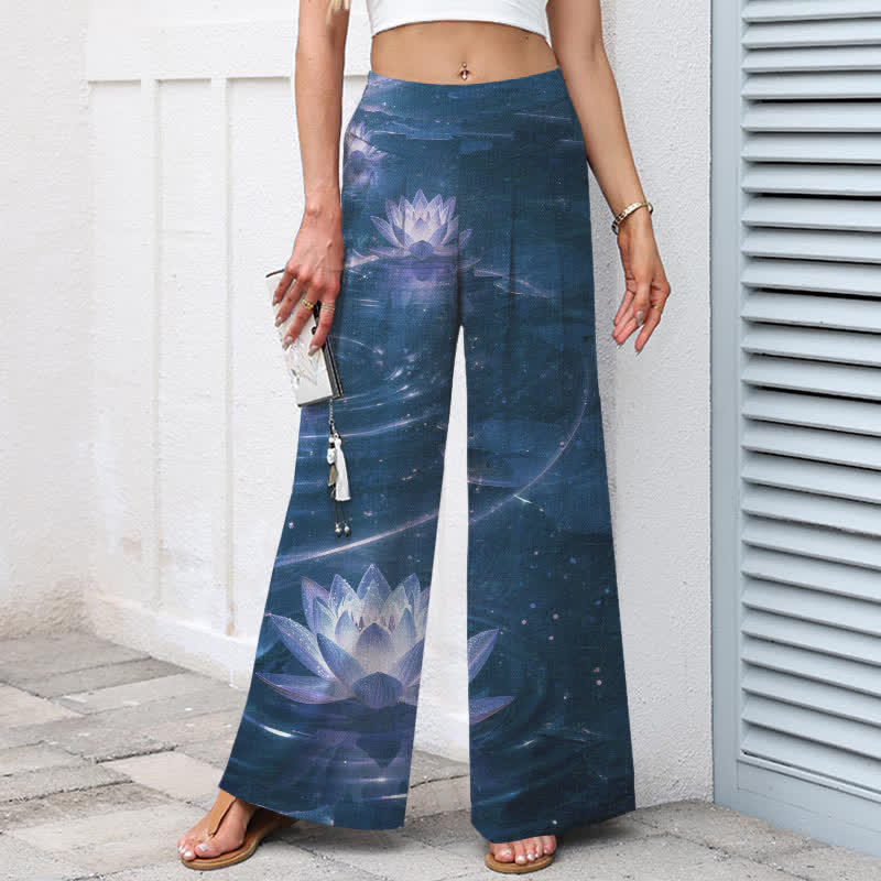 Nimara Ritual Cotton Linen Lotus Galaxy Pattern Women's Elastic Waist Wide Leg Pants With Pockets