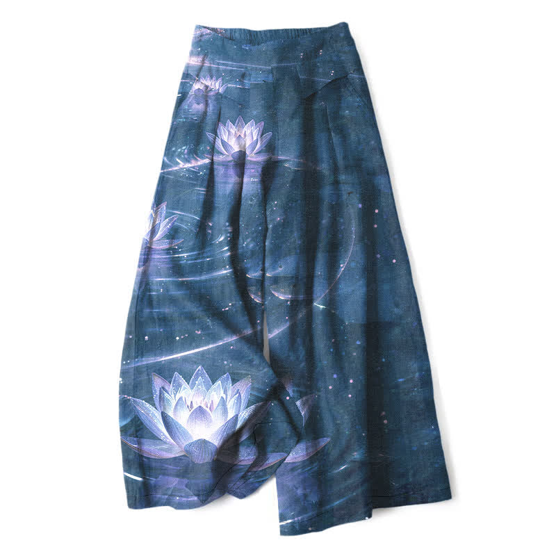 Nimara Ritual Cotton Linen Lotus Galaxy Pattern Women's Elastic Waist Wide Leg Pants With Pockets