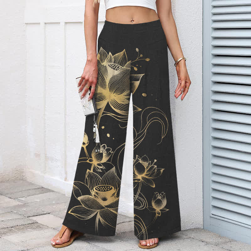 Nimara Ritual Cotton Linen Golden Lotus Pattern Women's Elastic Waist Wide Leg Pants With Pockets