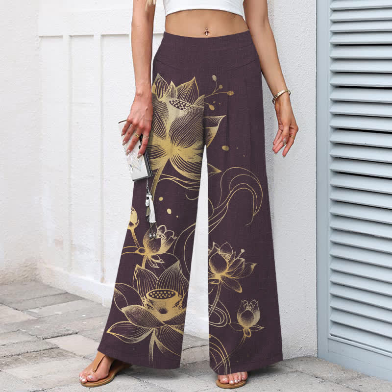 Nimara Ritual Cotton Linen Golden Lotus Pattern Women's Elastic Waist Wide Leg Pants With Pockets