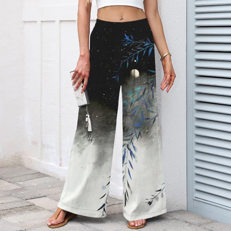 Nimara Ritual Cotton Linen Moonlit Bamboo Pattern Women's Elastic Waist Wide Leg Pants With Pockets