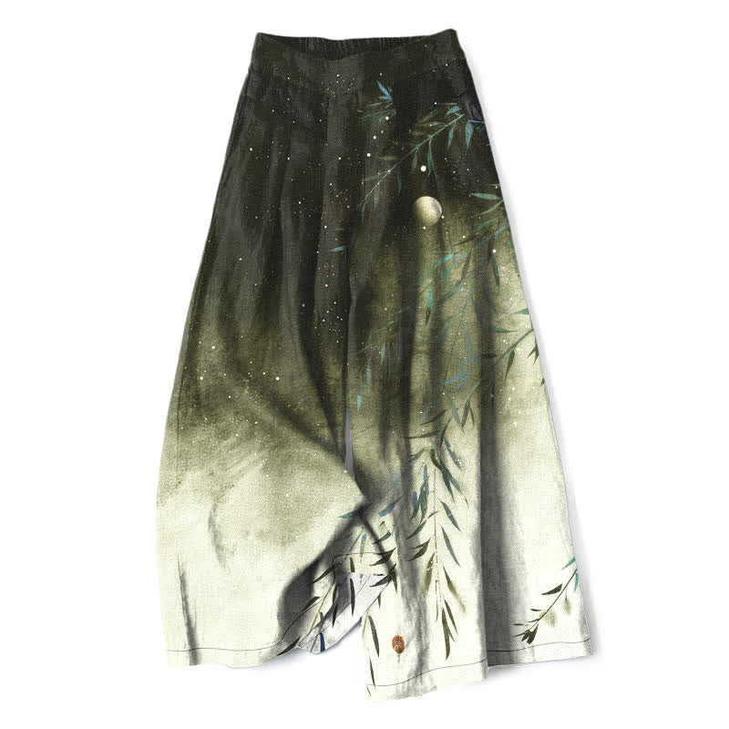 Nimara Ritual Cotton Linen Moonlit Bamboo Pattern Women's Elastic Waist Wide Leg Pants With Pockets