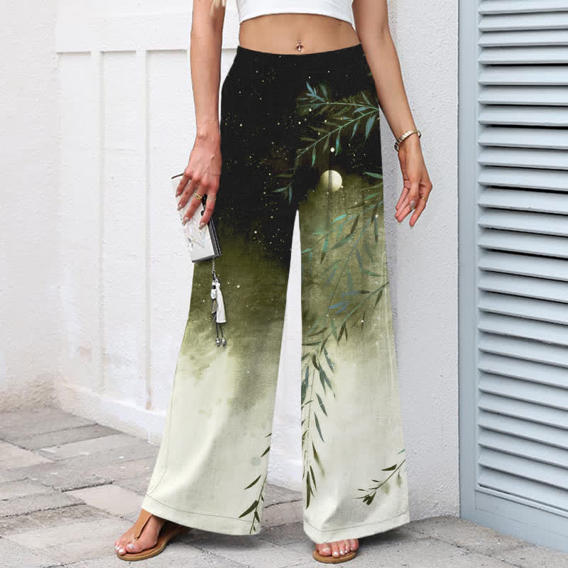 Nimara Ritual Cotton Linen Moonlit Bamboo Pattern Women's Elastic Waist Wide Leg Pants With Pockets