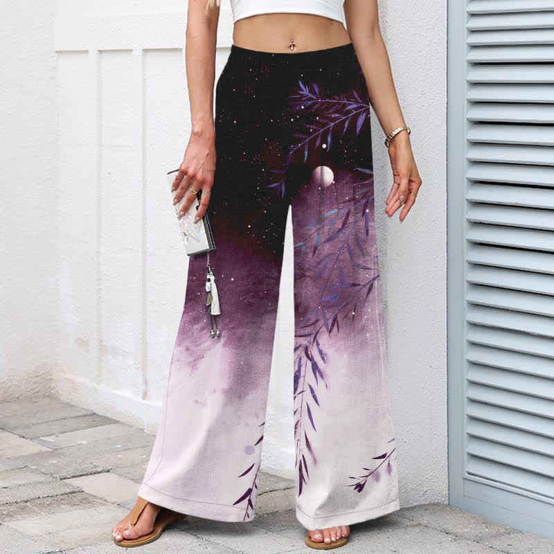 Nimara Ritual Cotton Linen Moonlit Bamboo Pattern Women's Elastic Waist Wide Leg Pants With Pockets