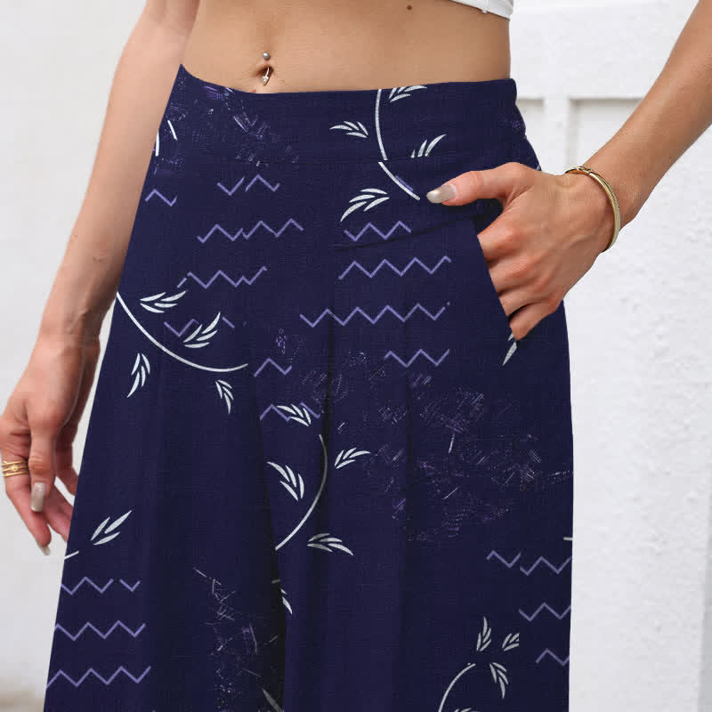 Nimara Ritual Cotton Linen Botanical Wave Pattern Women's Elastic Waist Wide Leg Pants With Pockets