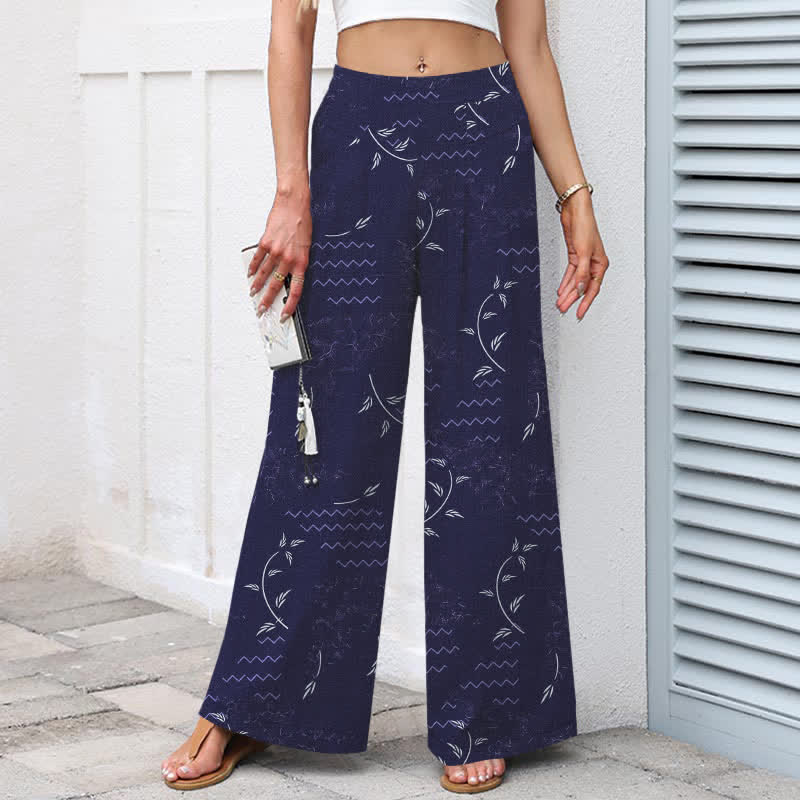 Nimara Ritual Cotton Linen Botanical Wave Pattern Women's Elastic Waist Wide Leg Pants With Pockets