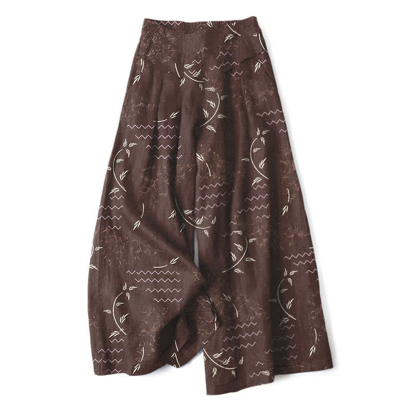 Nimara Ritual Cotton Linen Botanical Wave Pattern Women's Elastic Waist Wide Leg Pants With Pockets