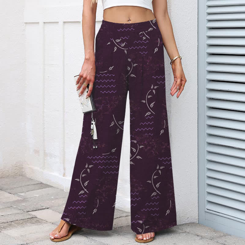 Nimara Ritual Cotton Linen Botanical Wave Pattern Women's Elastic Waist Wide Leg Pants With Pockets