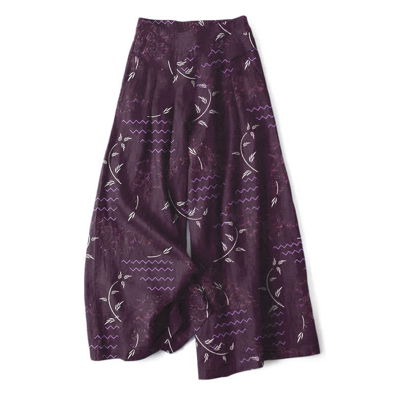 Nimara Ritual Cotton Linen Botanical Wave Pattern Women's Elastic Waist Wide Leg Pants With Pockets