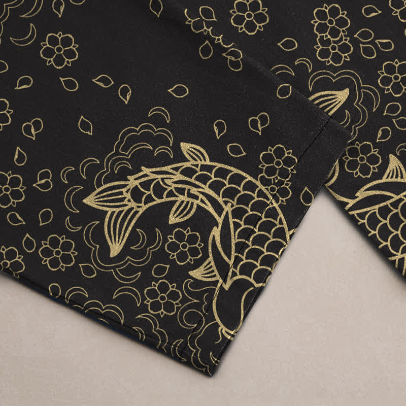 Nimara Ritual Cotton Golden Koi Fish Floral Pattern Men's Tapered Pants With Pockets
