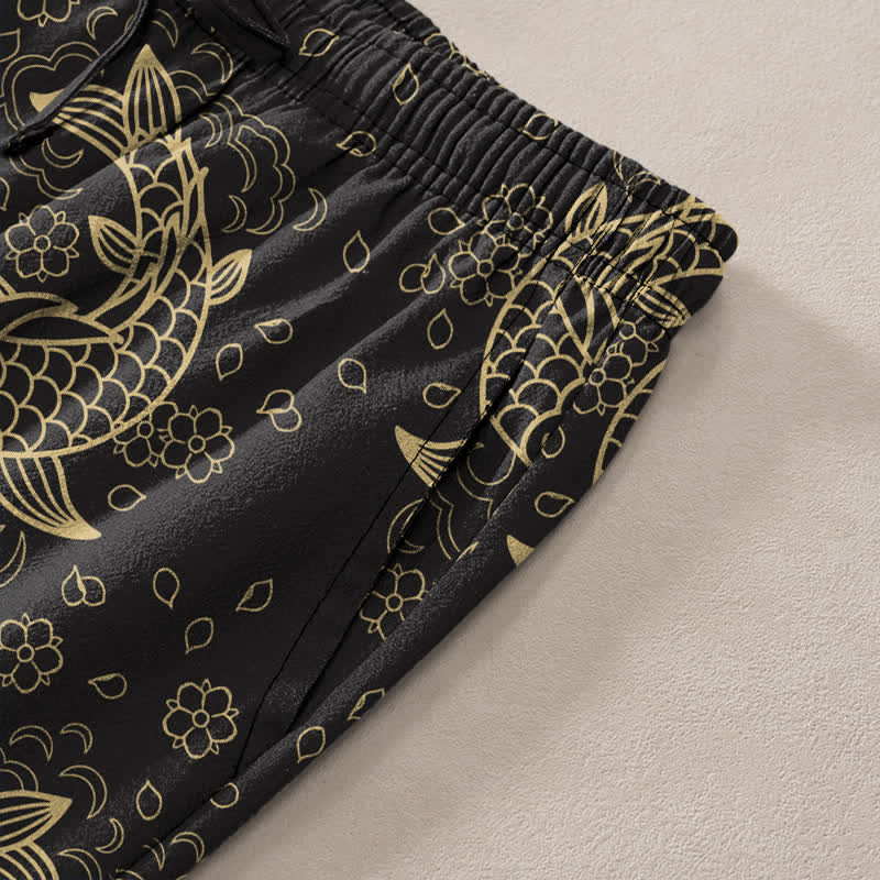 Nimara Ritual Cotton Golden Koi Fish Floral Pattern Men's Tapered Pants With Pockets