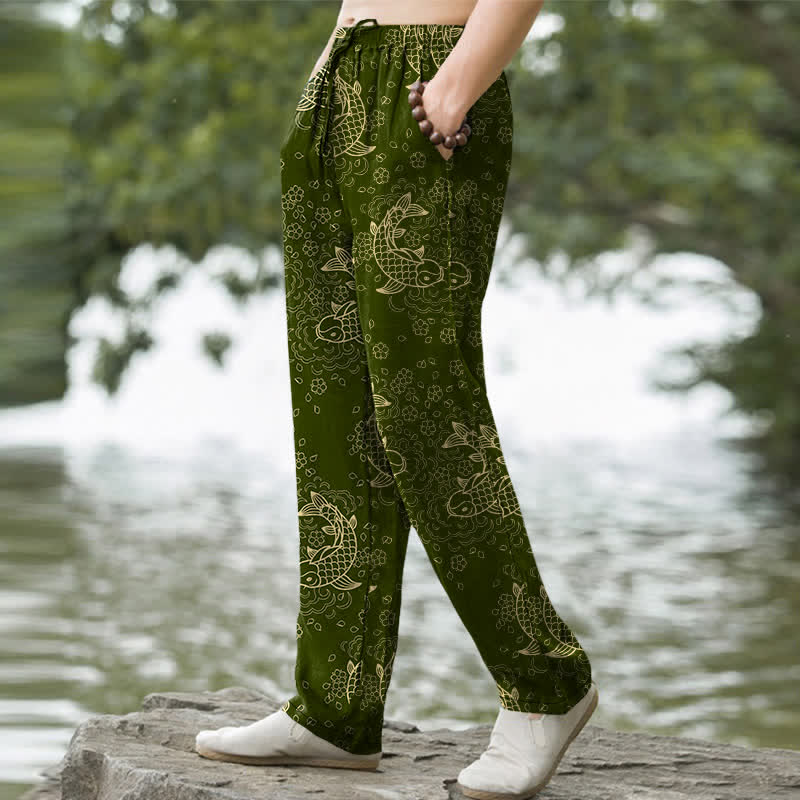 Nimara Ritual Cotton Golden Koi Fish Floral Pattern Men's Tapered Pants With Pockets